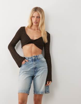 Miss Selfridge Crochet Knit Twist Top In Brown