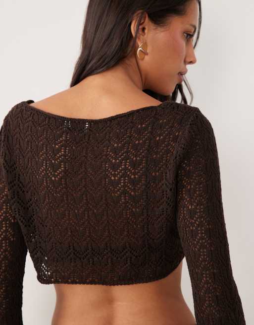 Miss Selfridge crochet knit twist top in brown - part of a set, 4 of 4