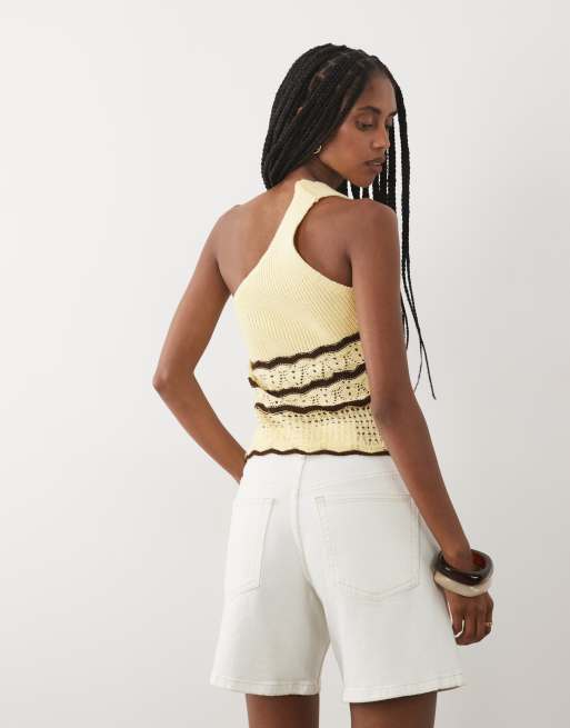 Miss Selfridge crochet knitted one shoulder top co-ord in yellow and chocolate stripe, 4 of 4
