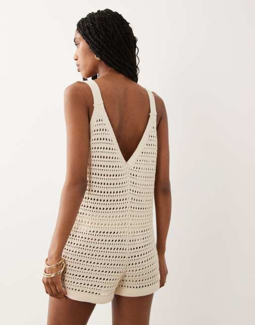 Miss Selfridge crochet knitted playsuit in cream, 4 of 4
