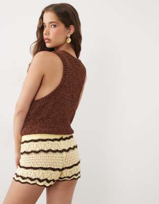 Miss Selfridge crochet knitted short co-ord in yellow and chocolate stripe