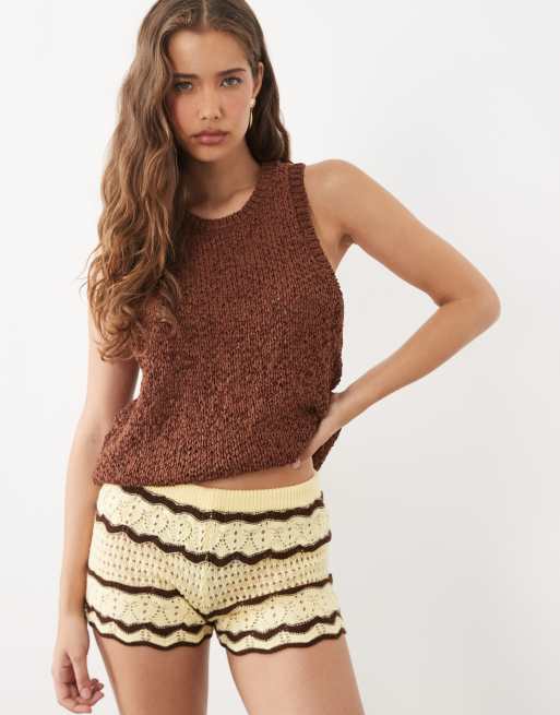 Miss Selfridge crochet knitted short co-ord in yellow and chocolate stripe, 3 of 5