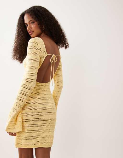 Miss Selfridge crochet long sleeve mini dress in butter yellow | ASOS