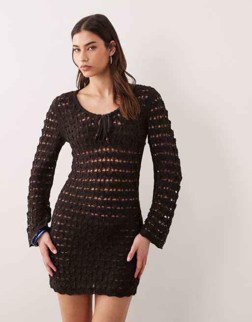 Miss Selfridge crochet long sleeve mini dress with keyhole detail in chocolate , 2 of 4