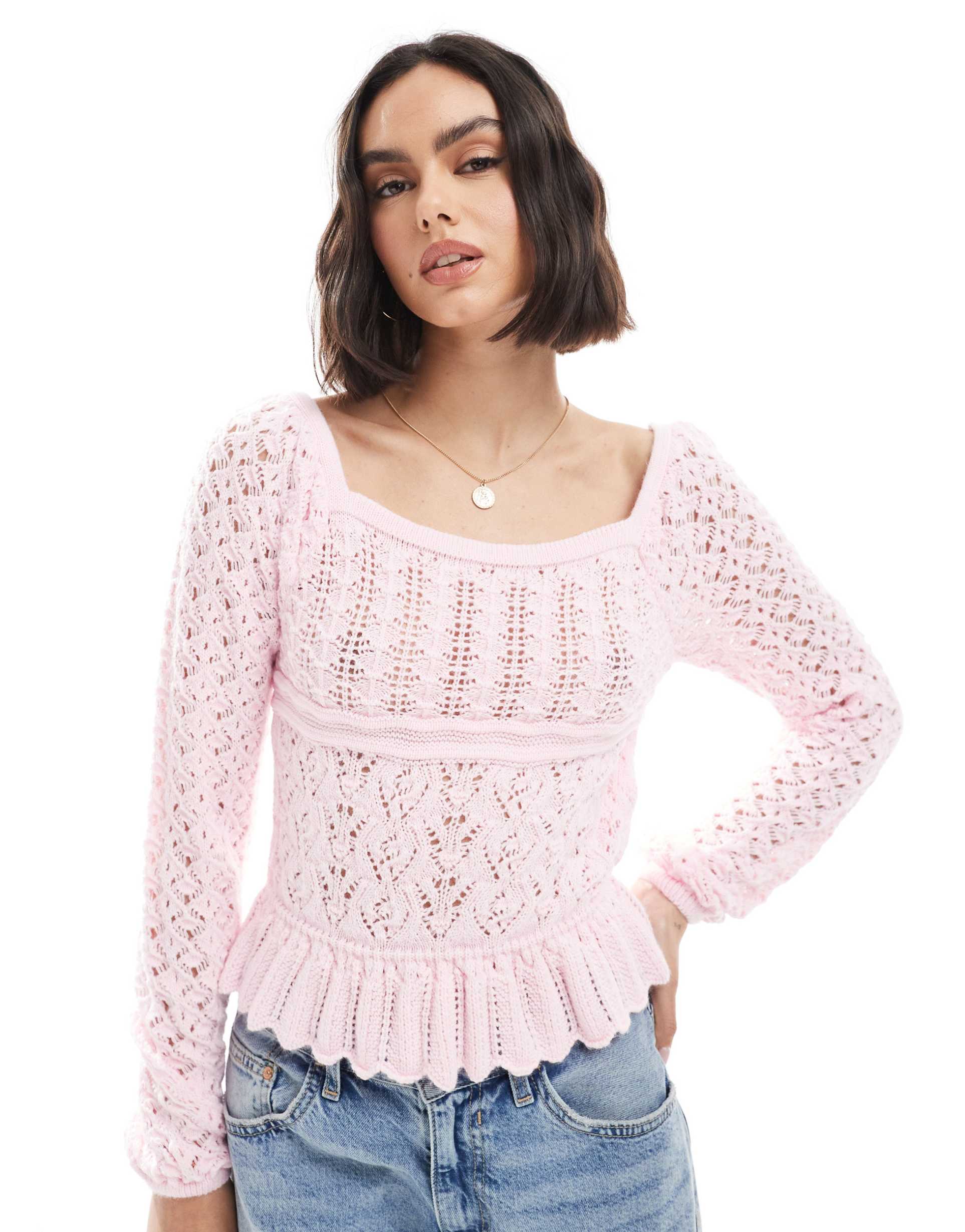 miss selfridge crochet long sleeve peplum knit top in soft pink
