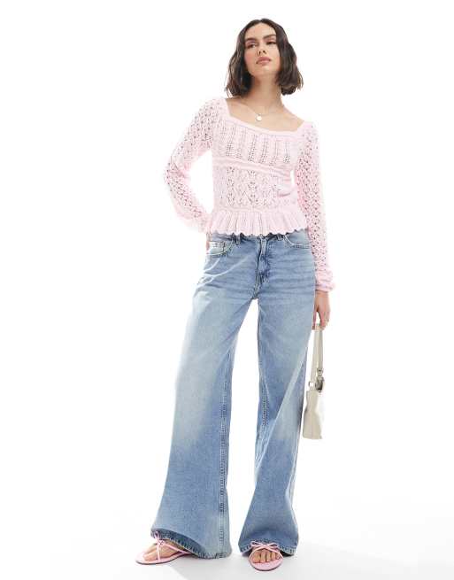 Miss Selfridge crochet long sleeve peplum knit top in soft pink , 3 of 4