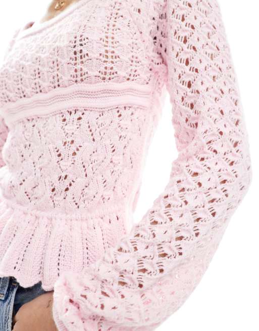 Andmary Crochet frill knit tops pink andmary Crochet frill knit