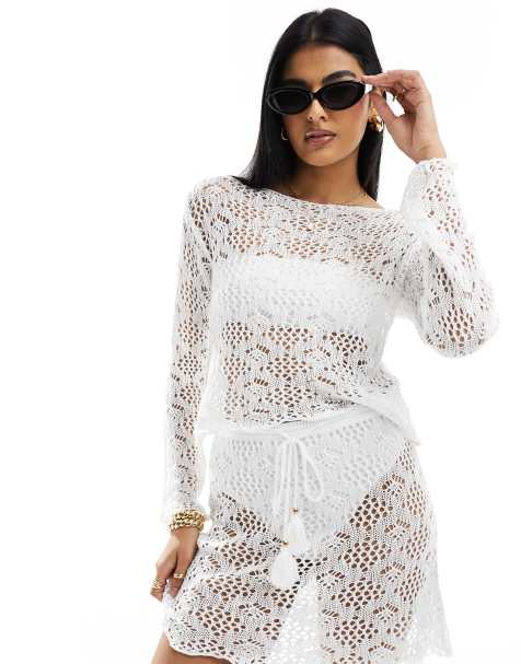 Miss Selfridge crochet long sleeve slouchy top in cream - view 1