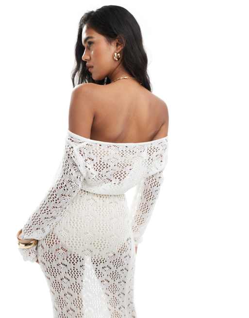 Miss Selfridge crochet long sleeve super cropped beach top in cream, 4 of 4
