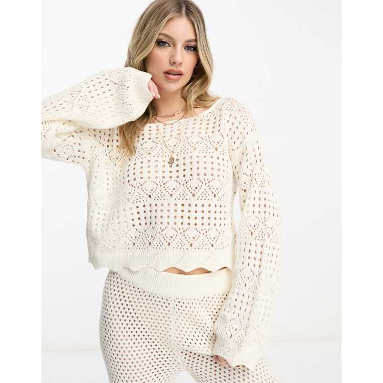 Cream Crochet Long Sleeve Top, Knitwear