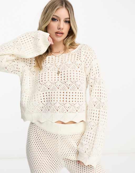 Petite Cream Crochet Long Sleeve Crop Top