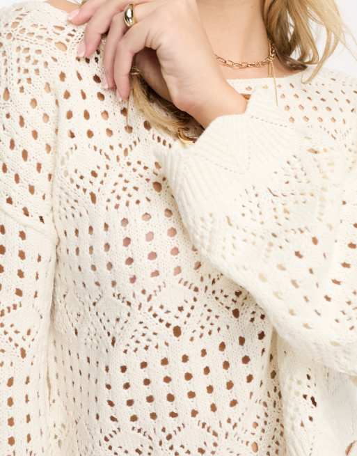 Cream Crochet Long Sleeve Top, Knitwear