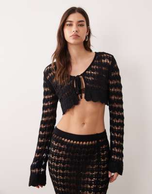 Miss Selfridge Crochet Long Sleeve Tie Front Cardigan In Black