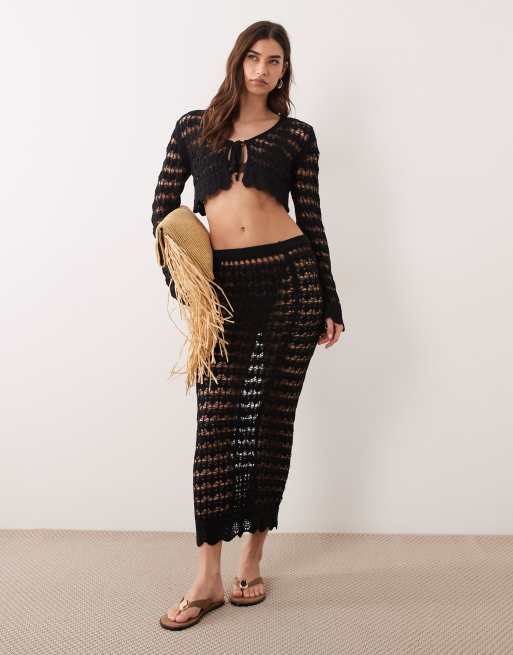 Miss Selfridge crochet long sleeve tie front cardigan in black, 4 of 4