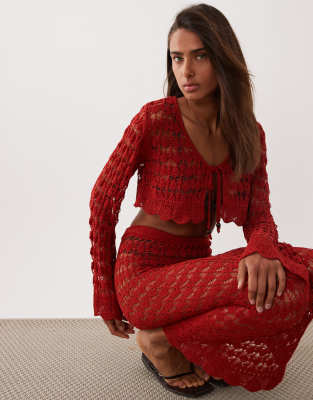 Miss Selfridge Crochet Long Sleeve Tie Front Cardigan In Red