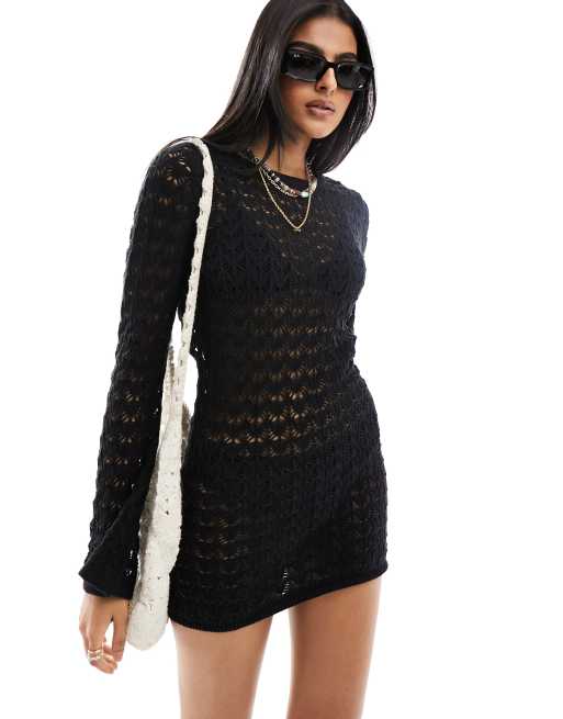 Miss Selfridge crochet low back long sleeve mini dress in black