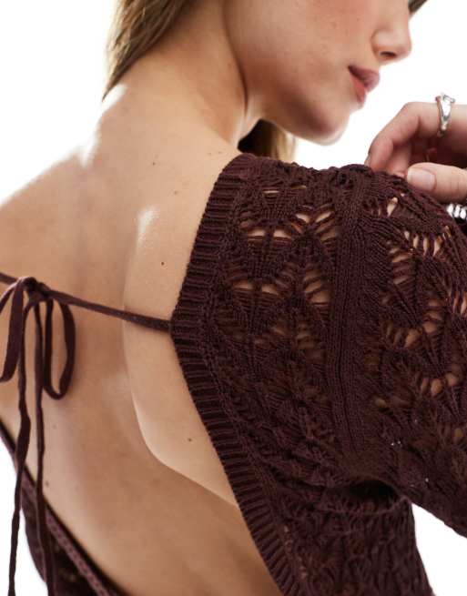 Miss Selfridge crochet low back long sleeve mini dress in chocolate, 4 of 4