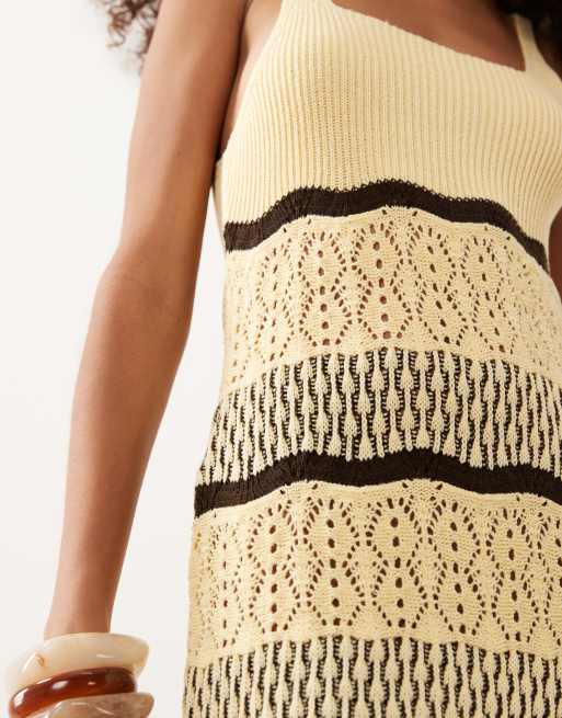 Miss Selfridge crochet maxi dress in butter yellow stripe, 3 of 4