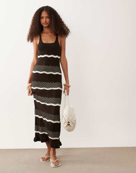 Miss Selfridge crochet maxi dress in chocolate striped print - view 1