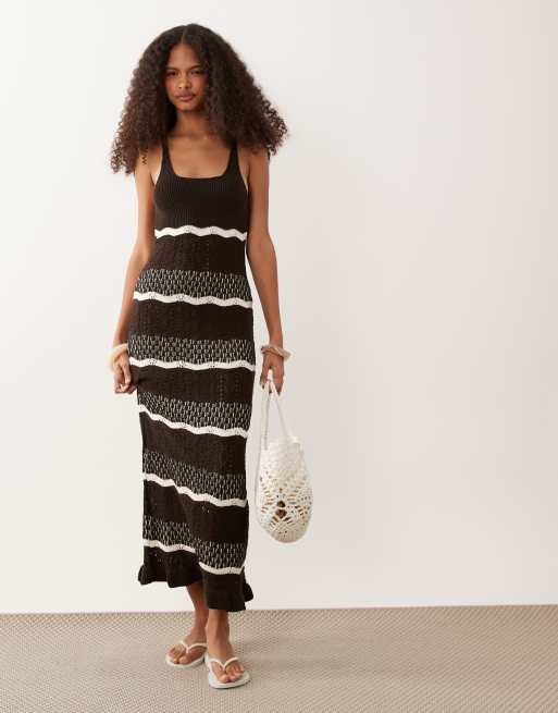 Miss Selfridge crochet maxi dress in chocolate striped print | ASOS