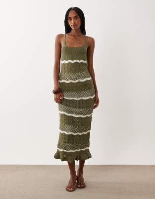 Miss Selfridge crochet maxi dress in khaki striped print