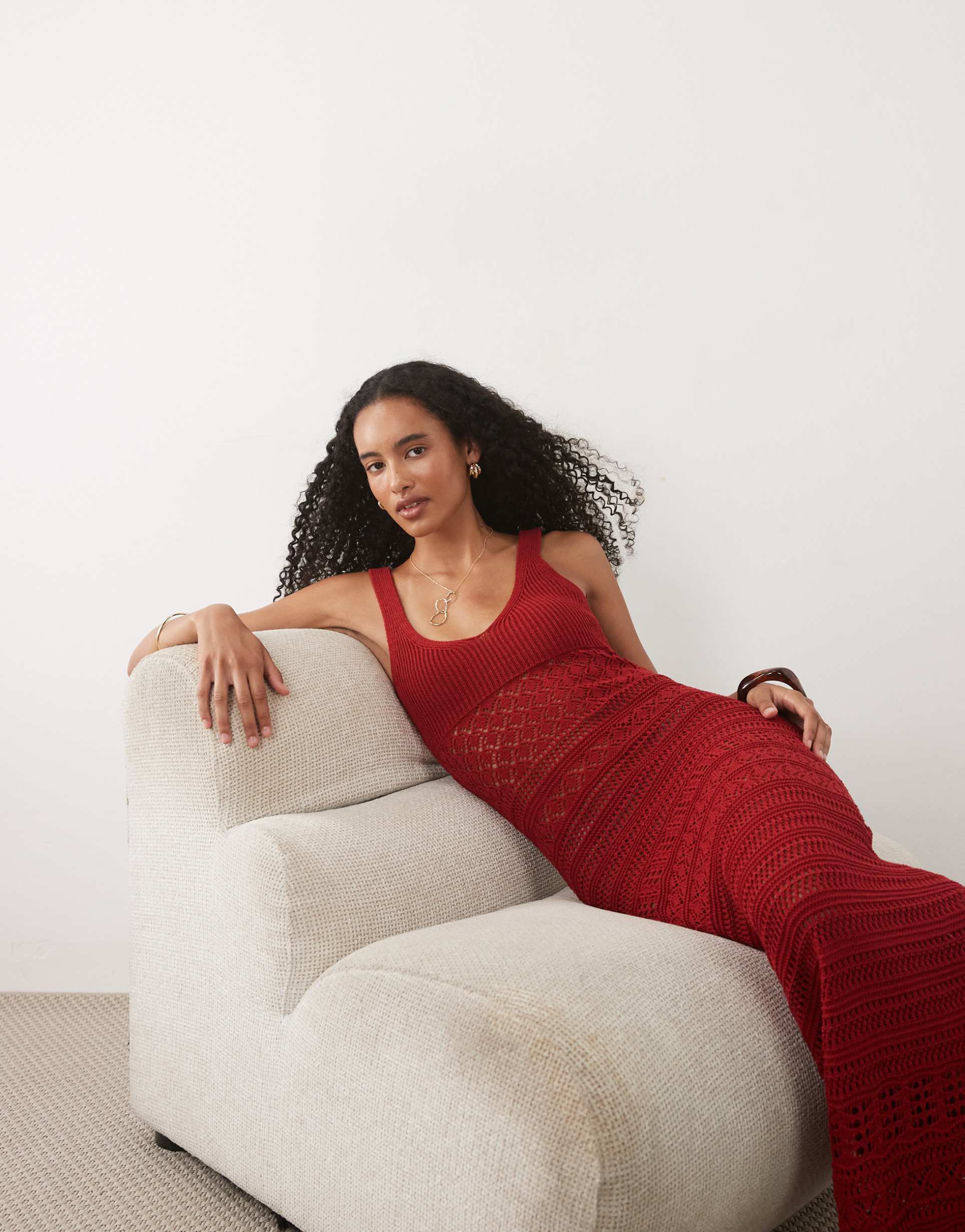 miss selfridge crochet maxi dress in red