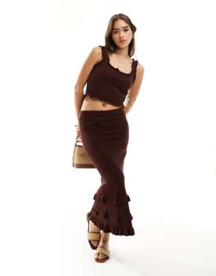 crochet maxi skirt with frill detail in chocolate - part of a set-Brown