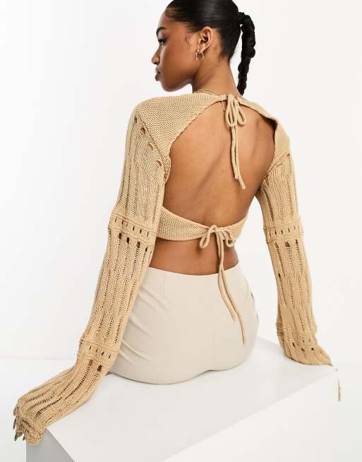 Crochet Knitted Open Back Tie Crop Top