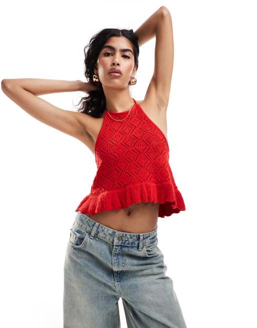 Miss Selfridge Crochet Peplum Hem Halterneck Cami In Red Asos 1392