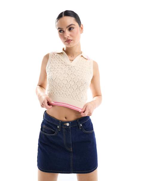 Miss Selfridge crochet polo sleeveless top in cream with pink - view 1