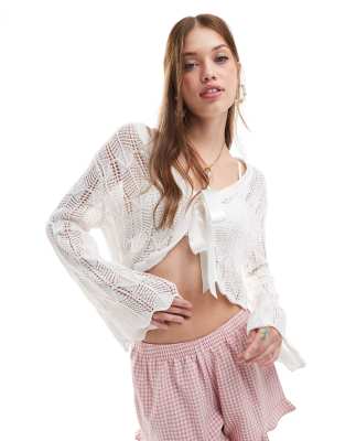 crochet ribbon tie front cardigan in cream-White