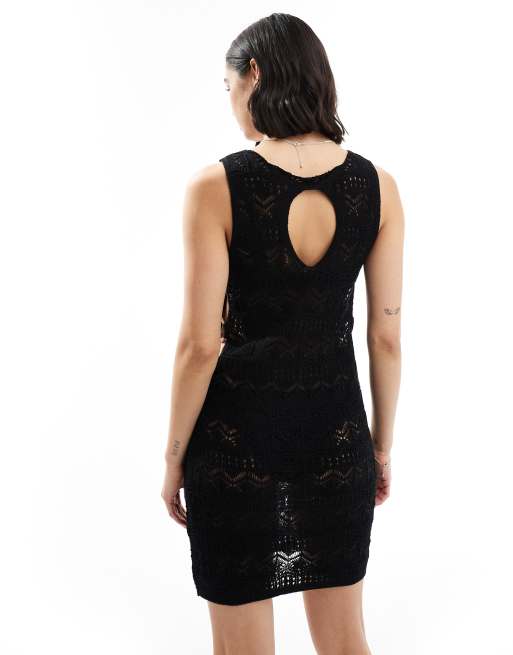 Miss Selfridge crochet ring detail mini dress in black, 2 of 4