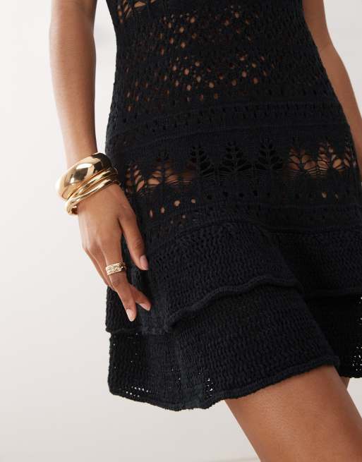 Miss Selfridge crochet ruffle mini dress in black, 2 of 4