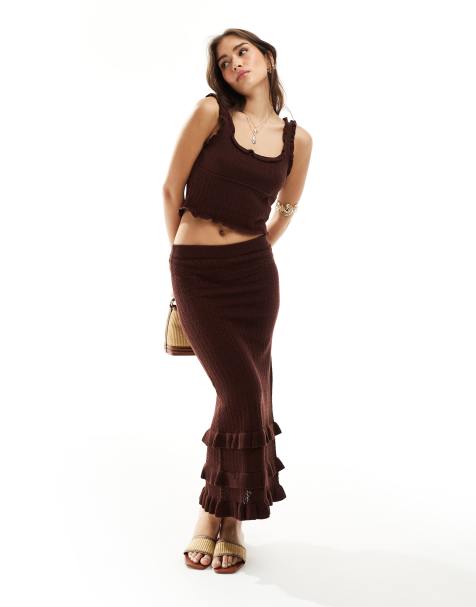 Miss Selfridge crochet set with frill detail in chocolate - view 1