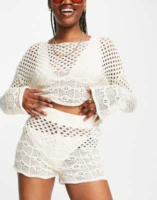 Miss Selfridge crochet shorts in cream-White