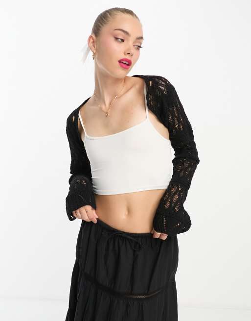Miss Selfridge crochet shrug in black
