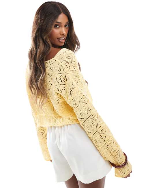 Miss Selfridge crochet slouchy jumper in buttermilk yellow