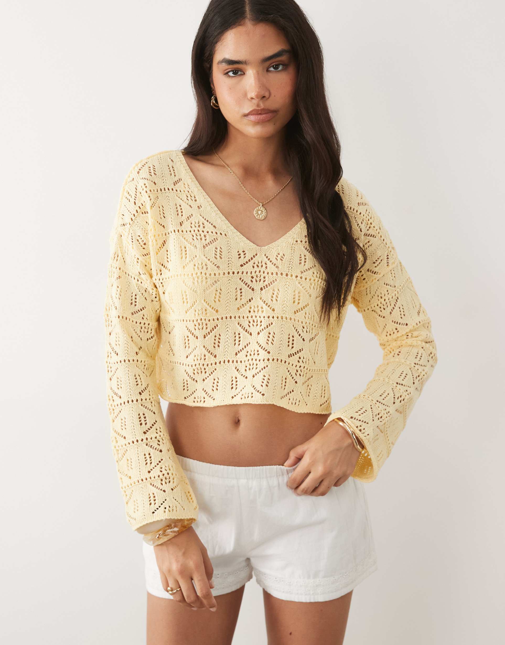 miss selfridge crochet slouchy sweater in yellow