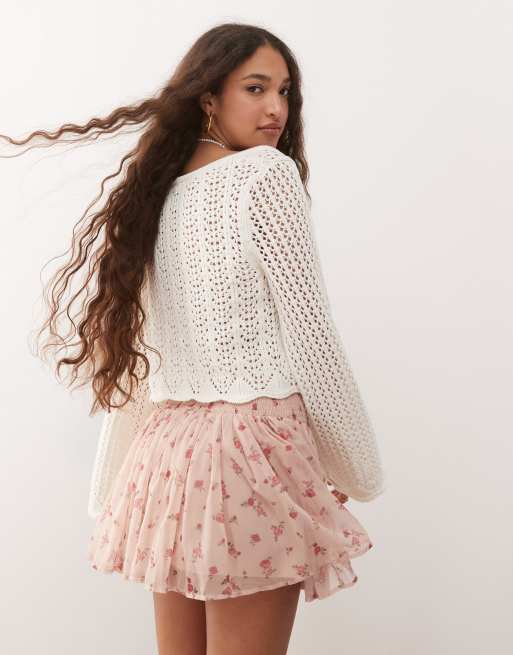 Miss Selfridge crochet square neck long sleeve jumper in cream, 4 of 4
