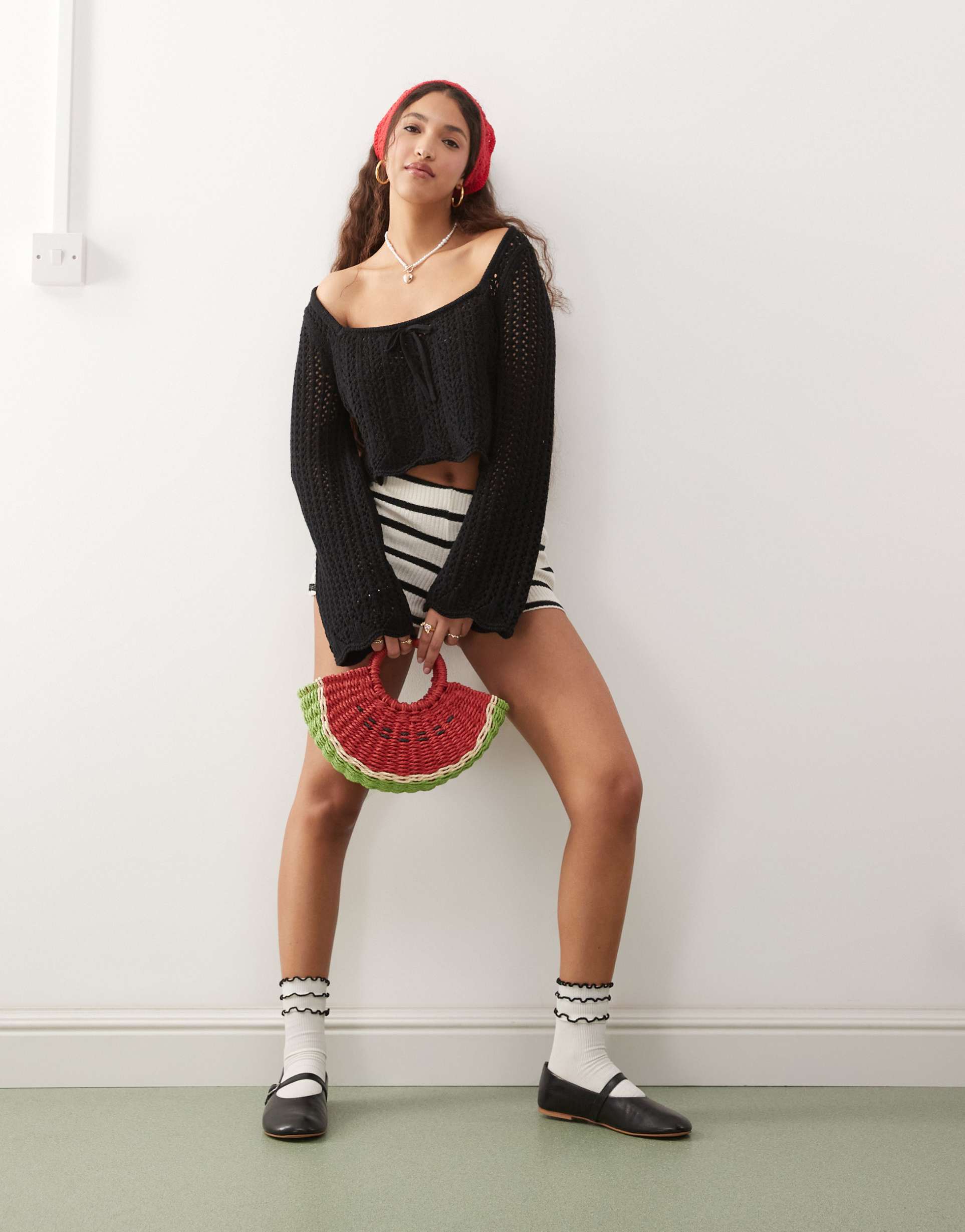 miss selfridge crochet square neck long sleeve sweater in black