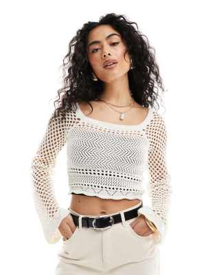 Miss Selfridge Crochet Square Neck Top In Cream-white