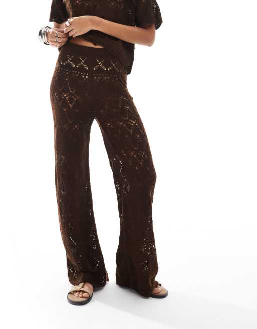 Miss Selfridge crochet straight leg beach trouser co ord in chocolate, 2 of 5