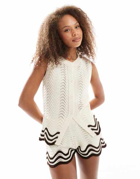 Miss Selfridge crochet stripe waistcoat co ord in cream