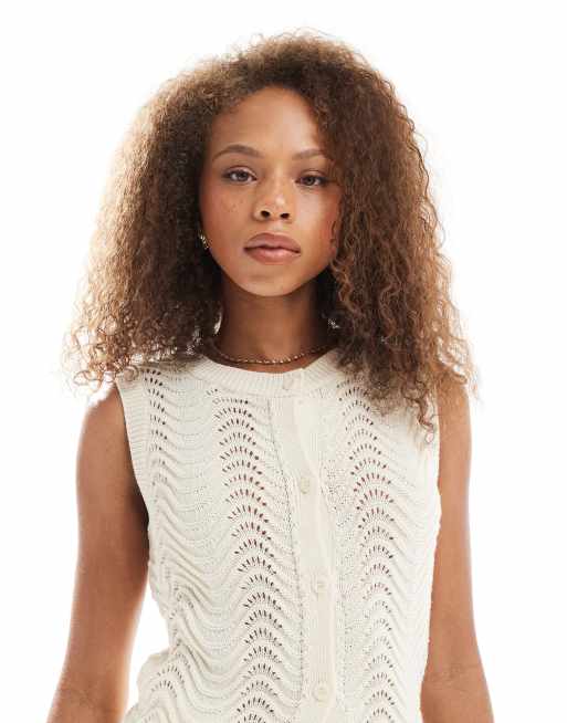 Miss Selfridge crochet stripe waistcoat co ord in cream, 2 of 4