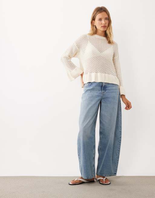 Miss Selfridge crochet sweater with peplum hem and sleeve in cream, 2 of 4