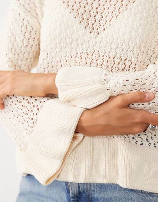 Miss Selfridge crochet sweater with peplum hem and sleeve in cream, 3 of 4