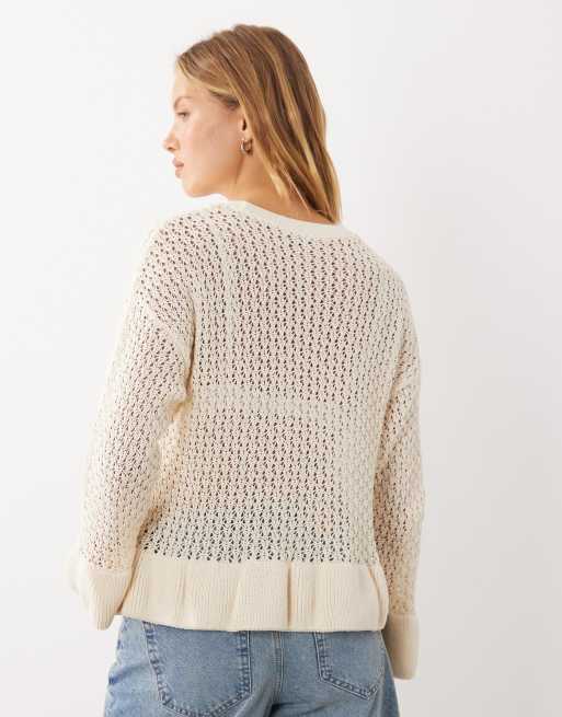 Miss Selfridge crochet sweater with peplum hem and sleeve in cream, 4 of 4