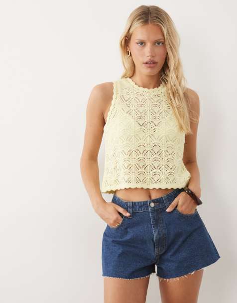 Miss Selfridge crochet tank top in butter yellow - view 1