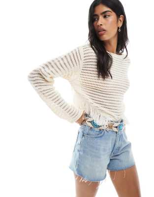 Miss Selfridge crochet tassel boho jumper in cream - view 1