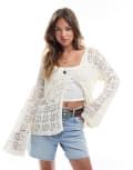 [Miss Selfridge] Miss Selfridge crochet tie front boho cardigan in cream-White XS CREAM